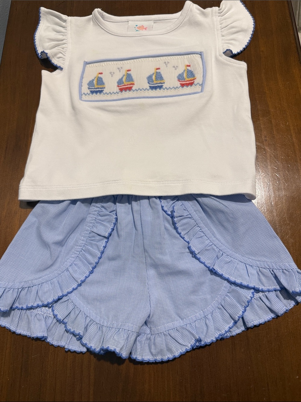 White & Light Blue Sailboat Smocked Matching Set